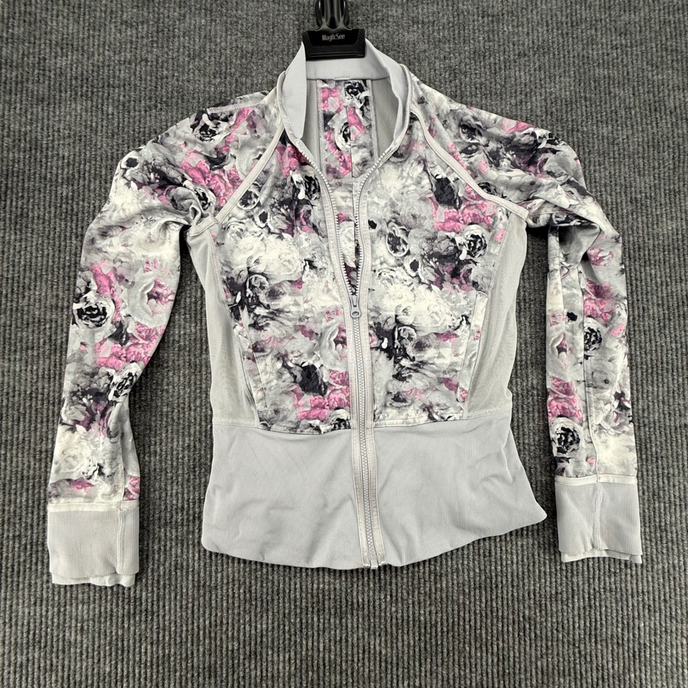 Lululemon Jacket Womens 8 Grey Pink Floral Stained Full Zip Mesh Vent Athletic